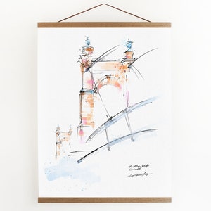 Roebling Bridge, Cincinnati architecture  | Hanging canvas colorful watercolor ink painting  | wood frame