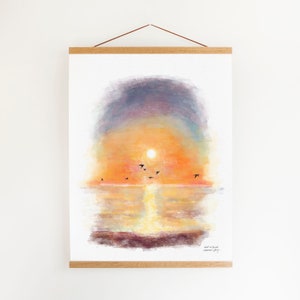 Sunset in Florida  |  Hanging canvas colorful landscape watercolor ink painting  |  wood frame