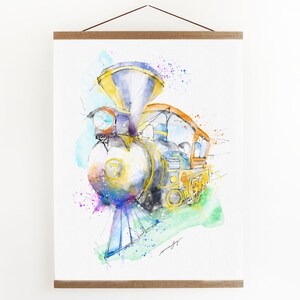May include: Watercolor painting of a vintage steam locomotive with a blue and gold color scheme. The train is surrounded by colorful watercolor splatters and a green grassy area.