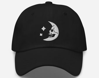 Skull Moon Embroidered Dad Hat: Goth Punk Baseball Cap