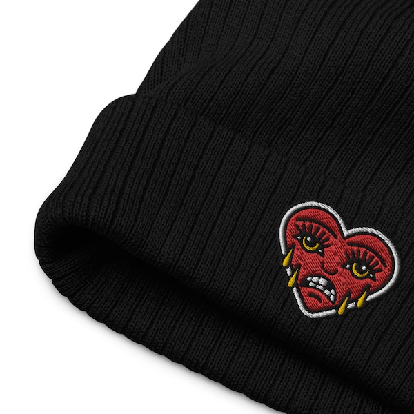 Embroidered Crying Heart Beanie: Tattoo Inspired Goth Punk Hat