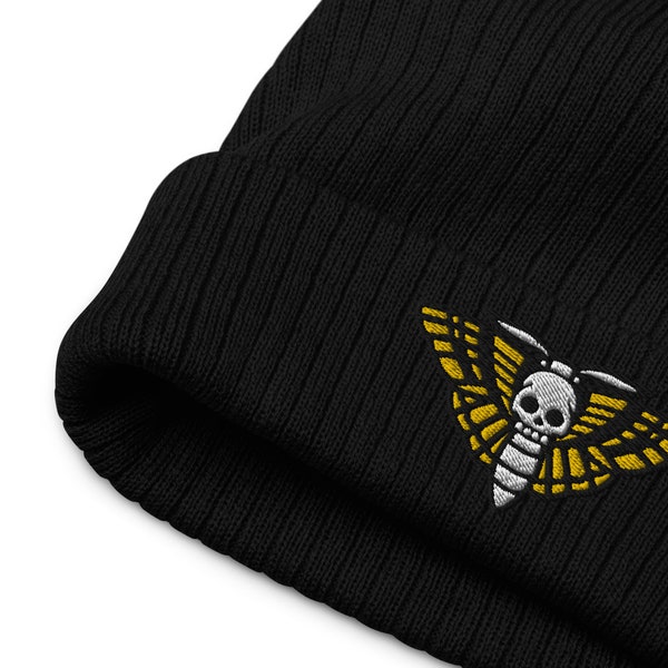 Skull Moth Ribbed Knit Beanie, Embroidered Beanie, Traditional Tattoo Clothing, Old School Tattoo Hat, Streetwear Beanie, Unique Hat
