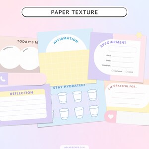 Pode incluir: Um conjunto de seis adesivos de planejador imprim&iacute;veis em cores pastel com diferentes designs. Os adesivos incluem um planejador de refei&ccedil;&otilde;es, um rastreador de afirma&ccedil;&otilde;es, um planejador de compromissos, um di&aacute;rio de reflex&atilde;o, um rastreador de hidrata&ccedil;&atilde;o e um registro de gratid&atilde;o. Os adesivos t&ecirc;m uma textura de papel e s&atilde;o perfeitos para adicionar um toque de fantasia ao seu planejador.