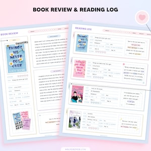 May include: A printable book review and reading log template with a pink and blue color scheme. The template includes sections for book title, author, genre, rating, and quotes. The template also includes a section for reading log with space to track the date, pages read, and overall thoughts on the book.
