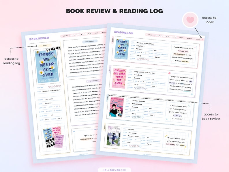 May include: A printable book review and reading log template with a pink and blue color scheme. The template includes sections for book title, author, genre, rating, and quotes. The template also includes a section for reading log with space to track the date, pages read, and overall thoughts on the book.
