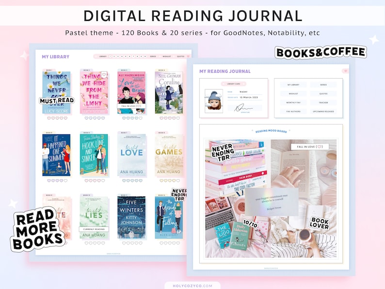 May include: A digital reading journal template with a pastel color scheme. The template includes sections for a reading list, a reading mood board, and a reading journal. The template is designed for use with note-taking apps like GoodNotes and Notability.