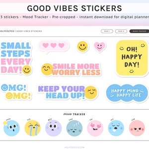 Adesivos Good Vibes e rastreador de humor - adesivos digitais - livro de adesivos Goodnotes para planejador digital