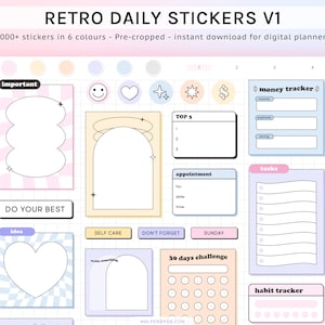 May include: A set of digital planner stickers in a retro style. The stickers are in various colours, including pink, blue, yellow, and green. The stickers feature different shapes and designs, including hearts, stars, and circles. The stickers are pre-cropped and ready to be used in digital planners.