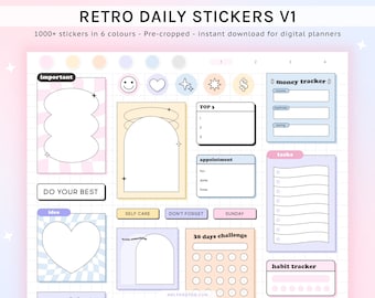 Retro Daily Digital Stickers, Goodnotes Sticker Book Digital Planner Widgets, 90s Retro Stickers