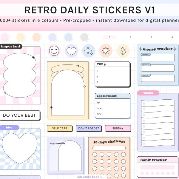 Pegatinas digitales diarias retro, widgets del planificador digital del libro de pegatinas Goodnotes, pegatinas retro de los años 90