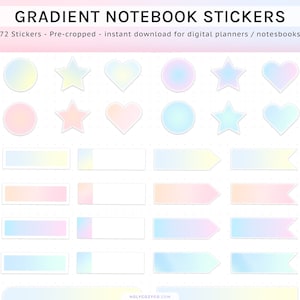 May include: 72 digital planner stickers with a gradient design in pastel colors. The stickers include circles, stars, hearts, and banners. The text "GRADIENT NOTEBOOK STICKERS" and "HOLYCOZYCO.COM" are visible in the image.