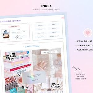 May include: A pink and blue gradient background with a white rectangle containing the text "MY READING JOURNAL". The rectangle contains a library card, a mood board with books and a laptop, and the text "INDEX Easy access to every pages". The background also contains the text "EASY TO USE", "SIMPLE LAYOUT", and "CLEAR NAVIGATION".