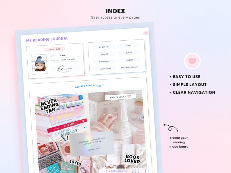 May include: A pink and blue gradient background with a white rectangle containing the text "MY READING JOURNAL". The rectangle contains a library card, a mood board with books and a laptop, and the text "INDEX Easy access to every pages". The background also contains the text "EASY TO USE", "SIMPLE LAYOUT", and "CLEAR NAVIGATION".