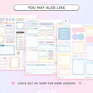 May include: Three printable digital planner pages with pastel colors and cute illustrations. The pages include sections for daily checklists, habit trackers, and goal setting. The text on the pages includes "Make a Fresh Start Today", "Self Love", and "Self Love You Got This".