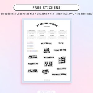 May include: A set of printable reading journal stickers in black and white with a pink, blue, and white background. The stickers include phrases like "Best Read!" and "All Time Favorite".
