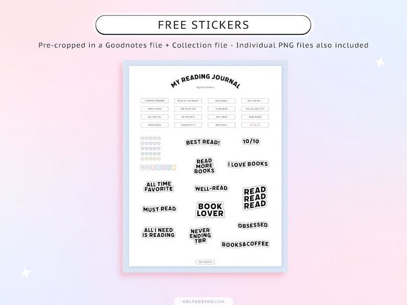 May include: A set of printable reading journal stickers in black and white with a pink, blue, and white background. The stickers include phrases like "Best Read!" and "All Time Favorite".