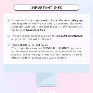 May include: A blue and white digital illustration with the text "IMPORTANT INFO" in a white box. The text explains that the product is a digital download and is for personal use only. The text also includes a list of note-taking apps that support interactive PDF files.