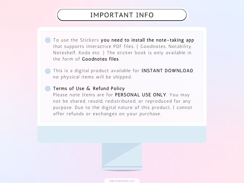 May include: A blue and white digital illustration with the text "IMPORTANT INFO" in a white box. The text explains that the product is a digital download and is for personal use only. The text also includes a list of note-taking apps that support interactive PDF files.