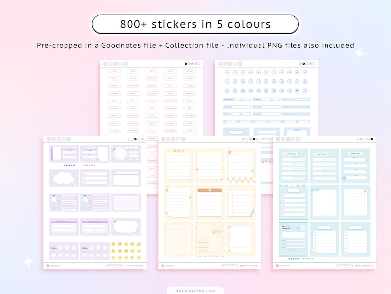 May include: A digital planner with 800+ stickers in five colors. The stickers are pre-cropped and come in a Goodnotes file, a collection file, and individual PNG files.
