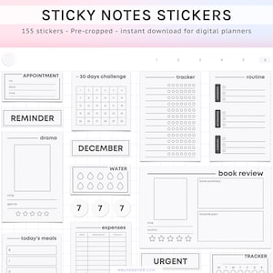 May include: A set of 155 digital planner stickers featuring various designs, including appointment, reminder, tracker, routine, book review, water tracker, expenses, today's meals, and urgent. The stickers are pre-cropped and ready for instant download.