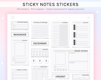 May include: A set of 155 digital planner stickers featuring various designs, including appointment, reminder, tracker, routine, book review, water tracker, expenses, today's meals, and urgent. The stickers are pre-cropped and ready for instant download.