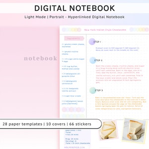 Puede incluir: Una página de cuaderno digital con una receta de cheesecake italiano al estilo de Nueva York. La receta incluye ingredientes, instrucciones y una foto del cheesecake terminado. La página del cuaderno está decorada con colores pastel y estrellas.