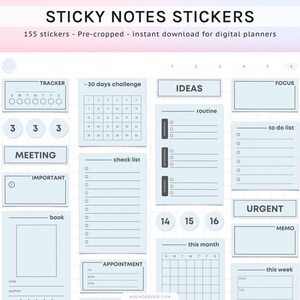 May include: A set of 155 digital planner stickers in a light blue colour scheme. The stickers include various organisational elements such as trackers, checklists, to-do lists, and calendars. The stickers are pre-cropped and ready to be used in digital planners.