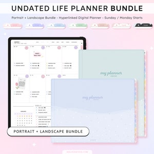 May include: A digital planner bundle with a pastel blue and green cover. The planner is undated and includes both portrait and landscape versions. The planner is hyperlinked and can be used for both Sunday and Monday starts.