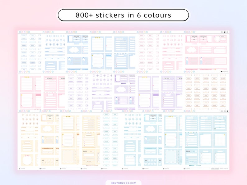May include: A set of 800+ printable planner stickers in six colors: blue, pink, purple, yellow, orange, and green. The stickers include various shapes, sizes, and designs, such as boxes, circles, stars, and arrows.