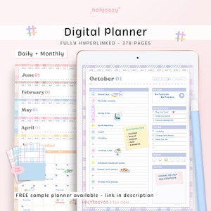 Puede incluir: Un planificador digital con un esquema de color rosa y azul. El planificador incluye un calendario mensual, una agenda diaria y una lista de tareas. El texto "October 01" está en la parte superior de la página. El texto "Be Positive Be Patient" está en un corazón rosa.