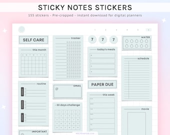 May include: A set of 155 digital planner stickers featuring various designs, including a calendar, a water tracker, a schedule, a to-do list, and a 30-day challenge. The stickers are in a light blue color with black outlines.