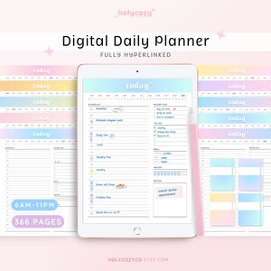 Könnte beinhalten: Ein digitaler Tagesplaner mit einem pastellfarbenen Regenbogen-Farbschema. Der Planer verfügt über einen Tagesplan, eine Prioritätenliste, einen Essenstracker, einen Wasseraufnahme-Tracker und einen Notizbereich. Der Planer ist vollständig verlinkt und umfasst 366 Seiten.