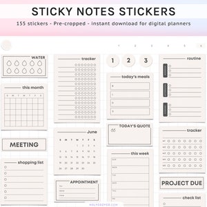 May include: A set of 155 digital planner stickers featuring various designs, including a calendar, a water tracker, a to-do list, a shopping list, a meeting tracker, a quote box, and a project due tracker. The stickers are in a beige color scheme with black outlines.