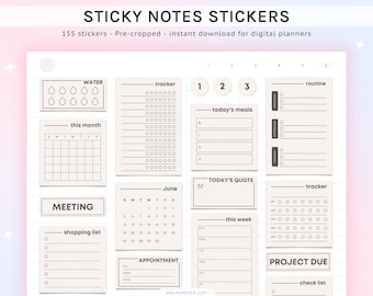 May include: A set of 155 digital planner stickers featuring various designs, including a calendar, a water tracker, a to-do list, a shopping list, a meeting tracker, a quote box, and a project due tracker. The stickers are in a beige color scheme with black outlines.