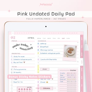 Rosa daglig digital planeringsblock: Timschema, klistermärken (PDF)
