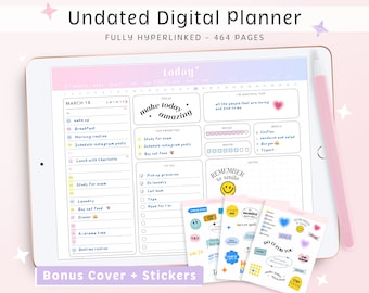 Puede incluir: Un planificador digital en la pantalla de una tableta con un lápiz óptico rosa. El planificador no está fechado y tiene un esquema de color rosa, azul y amarillo. El planificador tiene un diseño diario con secciones para el enfoque, las principales prioridades, las cosas que hay que hacer, estoy agradecido por, el estado de ánimo, el agua, las comidas y las notas. El planificador también incluye una portada adicional y pegatinas. El texto en la pantalla dice "Planificador digital sin fecha", "Totalmente hipervinculado - 464 páginas", "Hoy", "hacer que hoy sea increíble", "RECUERDA sonreír", y "Portada adicional + pegatinas".