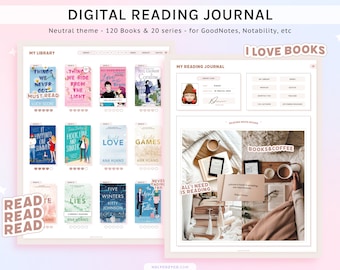Digital Reading Journal, Reading Planner for GoodNotes, Book Review Template, Neutral