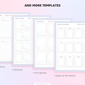May include: Four printable planner templates with pastel pink and blue backgrounds. The templates are for favorite authors, books to read, favorite quotes, and book of the month. Each template has a title and blank spaces for writing.