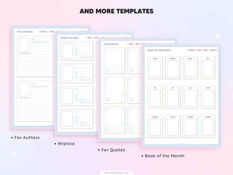 May include: Four printable planner templates with pastel pink and blue backgrounds. The templates are for favorite authors, books to read, favorite quotes, and book of the month. Each template has a title and blank spaces for writing.