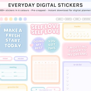 May include: A set of digital planner stickers with pastel colors and a variety of designs. The stickers include motivational quotes, a calendar, a to-do list, and a meeting planner. The text on the stickers includes "Make a Fresh Start Today", "Self Love", "Doing My Best", "You Got This", "I'm Getting Closer to My Dreams", "Tracker", "Meeting", "Groceries List", and "To-Do List".