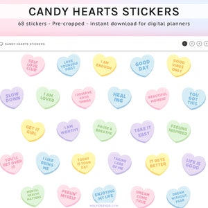 May include: 68 digital stickers featuring colourful heart-shaped designs with positive affirmations. The stickers are perfect for digital planners and journals. Some of the phrases include "Self Love Club", "Love Yourself First", "I Am Enough", "Good Day", "Good Vibes Only", "Slow Down", "I Am Loved", "I Deserve Good Things", "Healing", "Beautiful Moment", "You Got This", "Get It Girl", "I Am Worthy", "Pause & Breathe", "Take It Easy", "Feeling Inspired", "You'll Get Over It", "I Like Being Me", "Today Is Your Day", "Taking Care Of Me", "It Gets Better", "Life Is Good", "Mental Health Matters", "Feelin' Myself", "Enjoying My Life", "Dream Come True", and "Dream Without Fear".