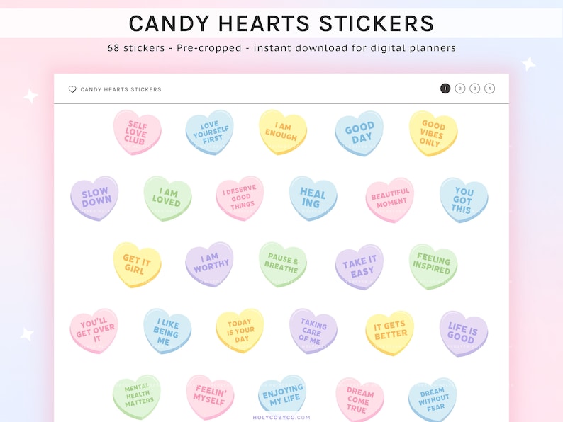 May include: 68 digital stickers featuring colorful heart-shaped designs with positive affirmations. The stickers are perfect for digital planners and journals. Some of the phrases include "Self Love Club", "Love Yourself First", "I Am Enough", "Good Day", "Good Vibes Only", "Slow Down", "I Am Loved", "I Deserve Good Things", "Healing", "Beautiful Moment", "You Got This", "Get It Girl", "I Am Worthy", "Pause & Breathe", "Take It Easy", "Feeling Inspired", "You'll Get Over It", "I Like Being Me", "Today Is Your Day", "Taking Care Of Me", "It Gets Better", "Life Is Good", "Mental Health Matters", "Feelin' Myself", "Enjoying My Life", "Dream Come True", and "Dream Without Fear".