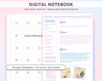 May include: A digital notebook page with a recipe for New York Italian Style Cheesecake. The recipe includes a list of ingredients and instructions for preparing the cheesecake. The page is decorated with pastel pink and blue dots. The notebook is part of a set that includes 28 paper templates, 10 covers, and 66 stickers.