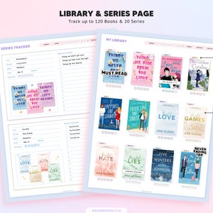 May include: A printable book tracker and library page with a pink and blue color scheme. The page is divided into two sections: a series tracker and a library. The series tracker has a list of books and series, while the library has a grid of book covers. The page includes the text "Library & Series Page" and "Track up to 120 Books & 20 Series".