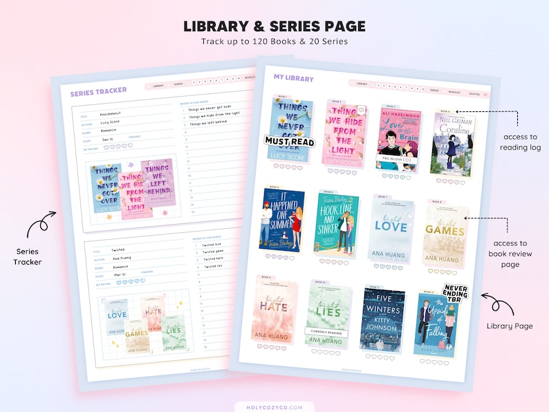 May include: A printable book tracker and library page with a pink and blue color scheme. The page is divided into two sections: a series tracker and a library. The series tracker has a list of books and series, while the library has a grid of book covers. The page includes the text "Library & Series Page" and "Track up to 120 Books & 20 Series".