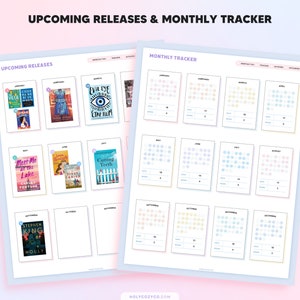 May include: A printable planner with a light blue background and pastel colored accents. The planner is divided into two sections: "Upcoming Releases" and "Monthly Tracker". The "Upcoming Releases" section has a grid of book covers with titles and authors. The "Monthly Tracker" section has a grid of 12 monthly calendars with circles for tracking reading habits.