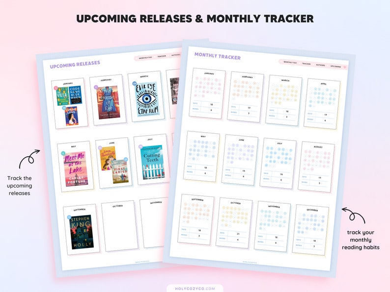 May include: A printable planner with a light blue background and pastel colored accents. The planner is divided into two sections: "Upcoming Releases" and "Monthly Tracker". The "Upcoming Releases" section has a grid of book covers with titles and authors. The "Monthly Tracker" section has a grid of 12 monthly calendars with circles for tracking reading habits.