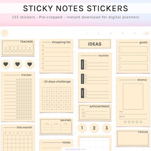 Op de afbeelding: Digitale planner stickers in beige met zwarte tekst, met trackers, boodschappenlijsten en kalenders. De stickers zijn ontworpen voor digitale planners. De afbeelding bevat de tekst "STICKY NOTES STICKERS" en is geschikt voor digitaal gebruik.