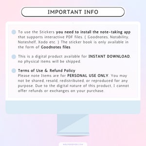 Pode incluir: Um gr&aacute;fico azul e branco com o texto "INFORMA&Ccedil;&Otilde;ES IMPORTANTES" em uma caixa branca. O texto explica que os adesivos s&atilde;o um produto digital dispon&iacute;vel para download instant&acirc;neo e s&atilde;o para uso pessoal apenas. O texto tamb&eacute;m explica que os adesivos s&atilde;o compat&iacute;veis com aplicativos de anota&ccedil;&otilde;es como Goodnotes, Notability, Noteshelf e Xodo.