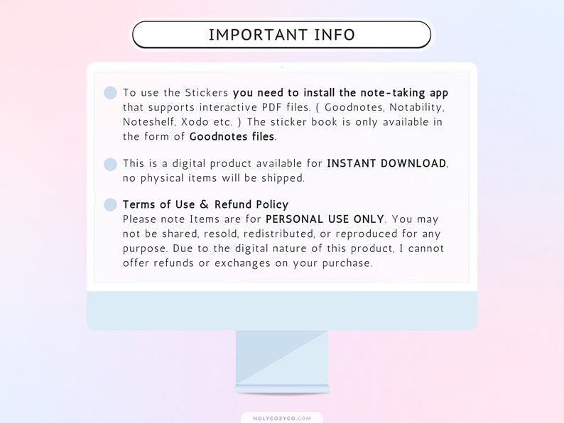 Pode incluir: Um gr&aacute;fico azul e branco com o texto "INFORMA&Ccedil;&Otilde;ES IMPORTANTES" em uma caixa branca. O texto explica que os adesivos s&atilde;o um produto digital dispon&iacute;vel para download instant&acirc;neo e s&atilde;o para uso pessoal apenas. O texto tamb&eacute;m explica que os adesivos s&atilde;o compat&iacute;veis com aplicativos de anota&ccedil;&otilde;es como Goodnotes, Notability, Noteshelf e Xodo.